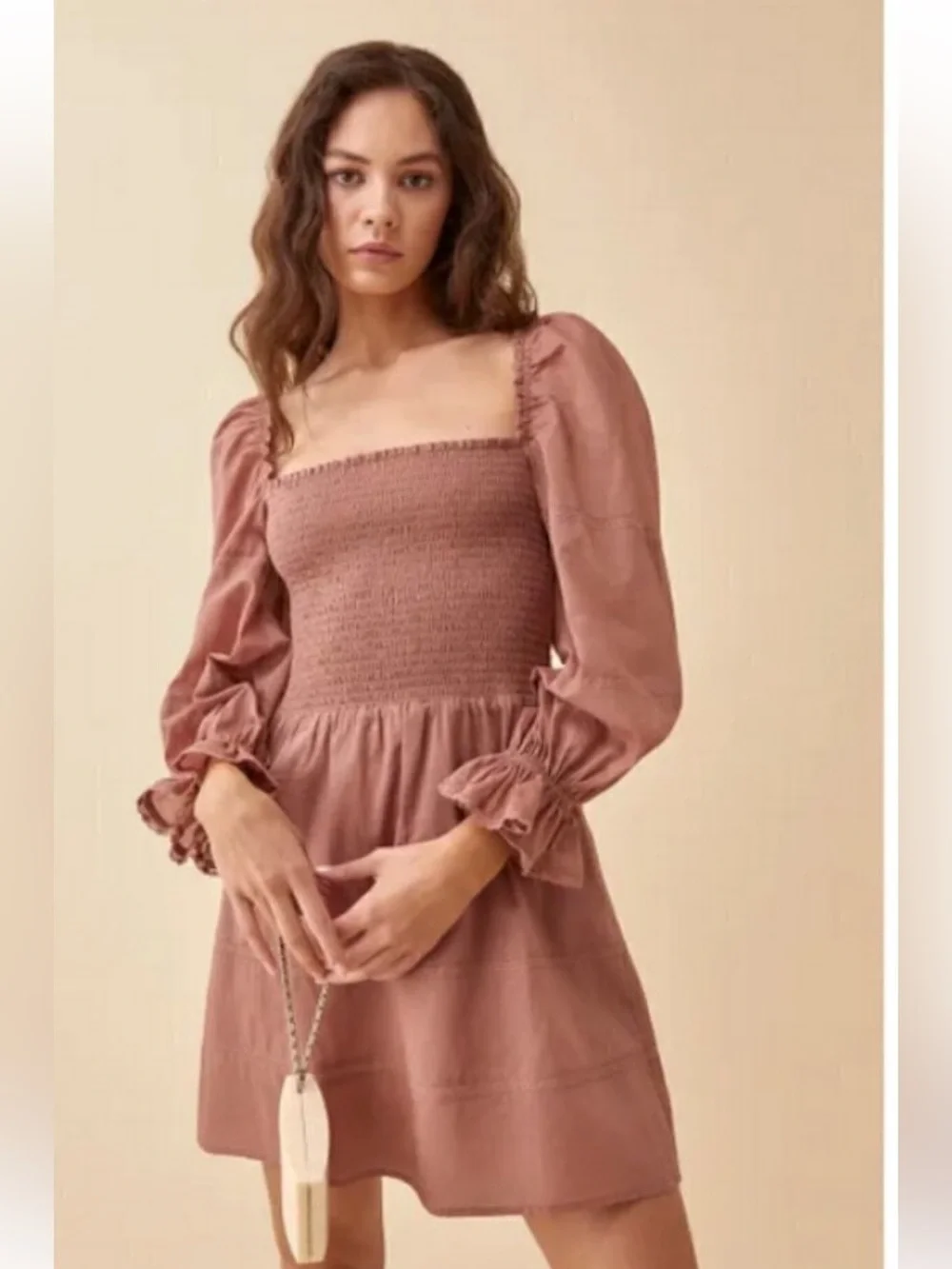 Reformation Dunes Smocked Square-Neck Puff Sleeve Mini Dress - Picture 1 of 9